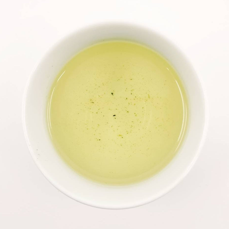 White bowl filled with light green liquid on a white background