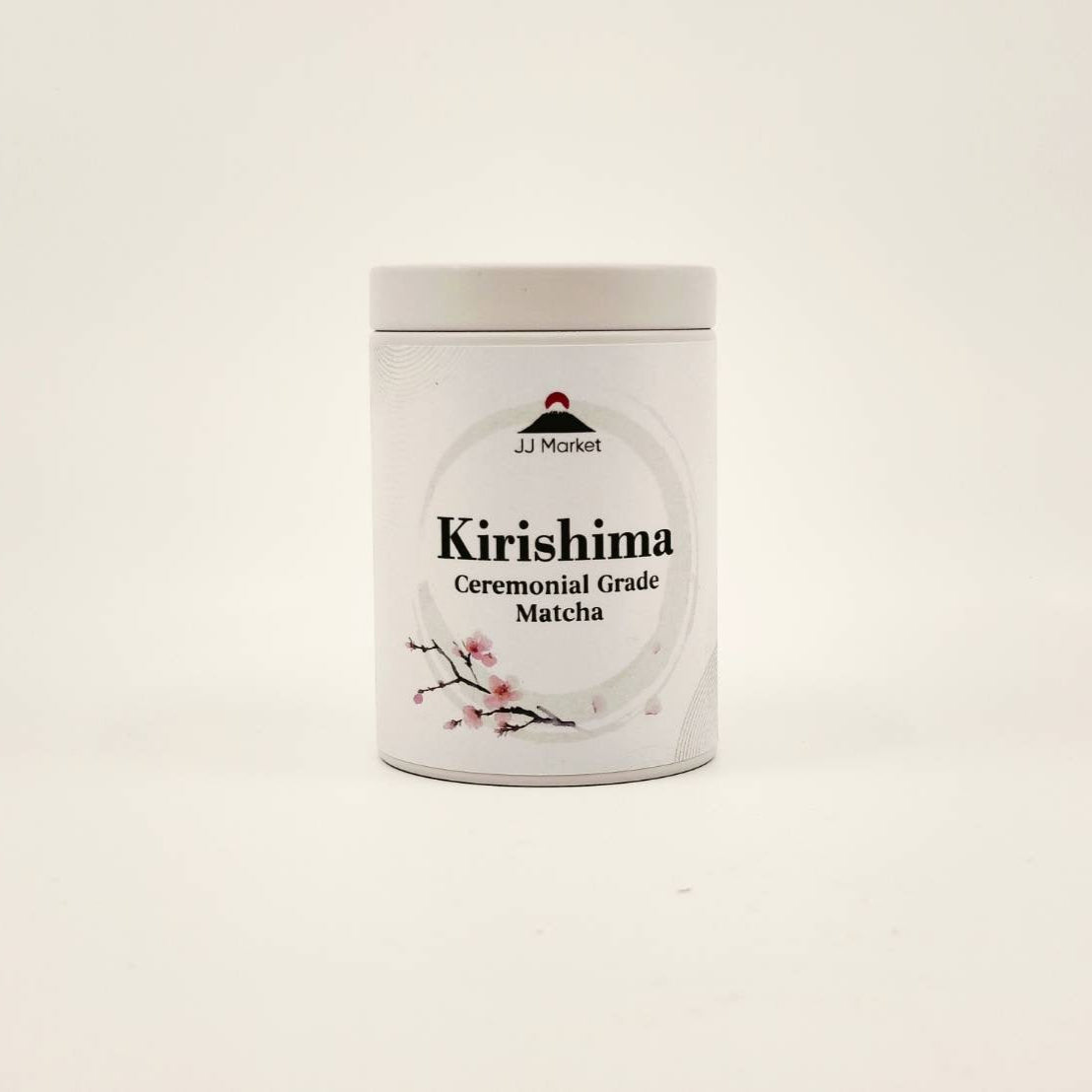 Container of Kirishima Ceremonial Grade Matcha on a light beige background