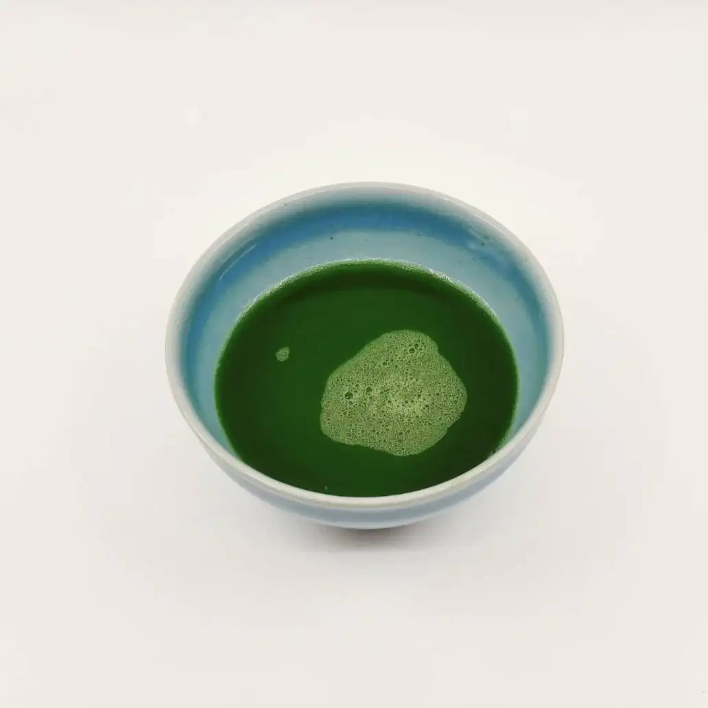 Ceramic bowl with green liquid on a white background
