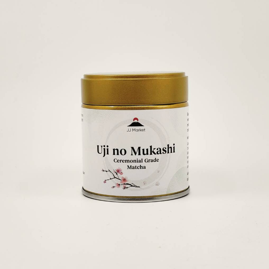 Uji no Mukashi tea canister on a light gray background