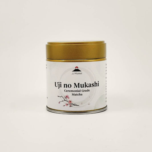 Uji no Mukashi tea canister on a light gray background