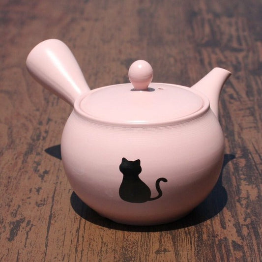 Kyusu Teapot Pink Round Cat Silhouette (Tokoname ware) - JJ Market